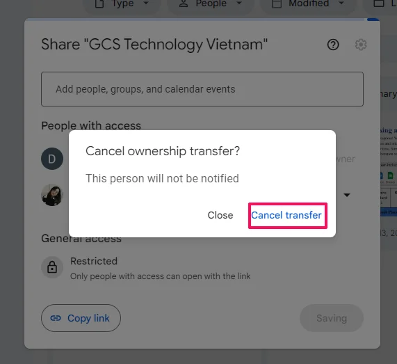 Các bước hủy chuyển quyền sở hữu Google Drive bước 2